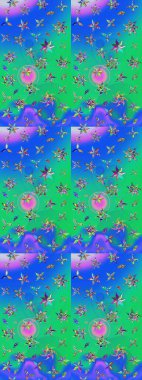 Hediye ambalaj kağıdı, tebrik kartları, posterler ve pankart tasarımı. Mavi ve yeşil renkli çiçekler. Raster düz çiçek çizim deseni.