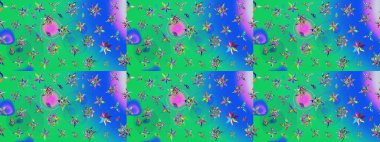 Renkli Bahar Teması eskiz kalıbı. Düz Çiçek Elementleri Tasarım Raster illüstrasyonu. Yeşil ve mavi renkte çiçekler. Çiçek eskiz kalıbı geçmişi.