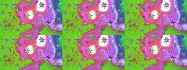 Raster illüstrasyonundaki çiçek desenli çizim. Yeşil ve mor renkli çiçekler. Renkli Yaz Temalı eskiz kalıbı. Düz Çiçek Elementleri Tasarımı.