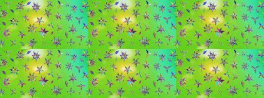 Millefleur 'lar. Tekstil, kumaş, kapaklar, duvar kağıtları, baskı, naylon, koleksiyon defteri, örgü, dekupaj için güzel bir eskiz. Küçük yeşil ve sarı renkte güzel bir besin torbası deseni, çiçekler..