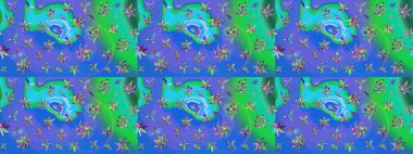 Raster illüstrasyonu. Yumuşak, bahar çiçekleri mavi ve yeşil renklerde. Yaprak ve çiçeklerin suluboya resmi, mavi ve yeşil renkler üzerine çizim şekli.