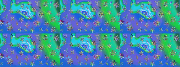 Raster illüstrasyonu. Yumuşak, bahar çiçekleri mavi ve yeşil renklerde. Yaprak ve çiçeklerin suluboya resmi, mavi ve yeşil renkler üzerine çizim şekli.