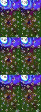 Renkli desenli eskiz deseni, yeşil ve mor çiçekler ve dekoratif elementler. Eskiz geçmişi. Raster illüstrasyonu. Kumaş, tekstil, duvar kağıdı baskısı için. Antika retro tarzı.