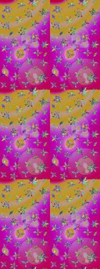 Raster illüstrasyonundaki çiçek desenli çizim. Mor ve sarı renkte çiçekler. Renkli Bahar Teması eskiz kalıbı. Düz Çiçek Elementleri Tasarımı.