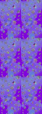 Çiçekli karalama şeklinde Raster çiçek deseni. Yumuşak, yaz çiçekli arka plan. Mor ve mavi renkte çiçekler.