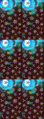 Raster düz çiçek çizim deseni. Hediye ambalaj kağıdı, tebrik kartları, posterler ve pankart tasarımı. Kahverengi ve mavi renkte çiçekler.