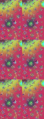 Yapraklı çiçekler ve pembe ve yeşil renklerde papatya çiçekleri. Eskiz arkaplan modeli. Raster - stok.