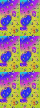 Elle çizilmiş çiçek desenli Raster çizimi. Tekstil, kumaş, ambalaj, hatıra defteri için hoş bir çiçek arkaplanı. Çocuksu tasarım. Menekşe ve sarı arkaplanda.