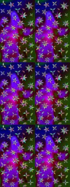 Patlayan çiçekler soyut olarak yerleştirilmiş. Raster deseni. Mor ve mavi renklerde bahar çiçekleri. Raster illüstrasyonu.