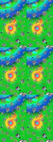 El çizimi çiçekli soyut çizim kalıbı. Raster illüstrasyonu. Yeşil ve mavi renkte çiçekler.