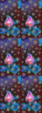 Eski usul. Renkli desenli eskiz deseni, mavi ve mor çiçekler ve dekoratif elementler. Kumaş, tekstil, duvar kağıdı baskısı için. Eskiz geçmişi. Raster illüstrasyonu.