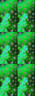 Patlayan çiçekler soyut olarak yerleştirilmiş. Raster deseni. Raster illüstrasyonu. Yeşil ve mavi renklerde bahar çiçekleri..