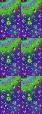 Raster illüstrasyonu. Çiçek süslemeli çizim deseni. Yeşil ve mavi renkte çiçekler.