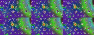 Raster illüstrasyonu. Yumuşak, yaz çiçekleri yeşil ve mavi renklerde. Raster çiçek desenli ve çiçekli..