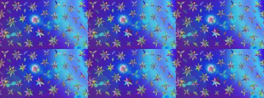 Raster illüstrasyonu. Şirin çiçekli eskiz deseni ve mavi ve mor renkli yapraklar, suluboya çiçek deseni, duvar kağıdı, kart veya kumaş için fayanslı.