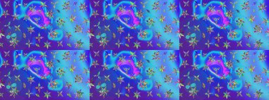 Raster illüstrasyonu. Moda baskısı, albüm, ambalaj kağıdı ve duvar kağıdı için zarif dekoratif süslemeler. Mavi ve mor renkli şirin çiçekler. Küçük çiçekli basit bir çiçek çizimi..