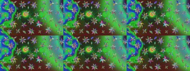 Raster illüstrasyonu. Raster illüstrasyonundaki çiçek desenli çizim. Yeşil ve mavi renklerde. Güzel kumaş deseni.