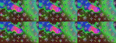 Raster illüstrasyonu. Çizim çiçek deseni duvar kâğıdı olarak kullanılabilir. Yeşil ve mavi renkte çiçekler.