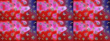 Renkli Bahar Teması eskiz kalıbı. Asya tekstil tarzında. Düz Çiçek Elementleri Tasarımı. Çiçek desenli çizim. Kırmızı ve pembe renkte çiçekler. Raster illüstrasyonu.