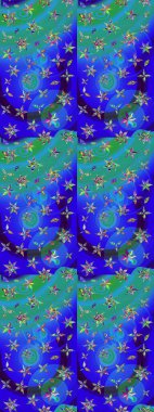 Patlayan çiçekler soyut olarak yerleştirilmiş. Raster deseni. Yumuşak, bahar çiçekleri mavi ve yeşil renklerde. Raster illüstrasyonu.