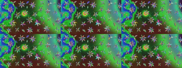 Raster illüstrasyonu. Raster illüstrasyonundaki çiçek desenli çizim. Yeşil ve mavi renklerde. Güzel kumaş deseni.