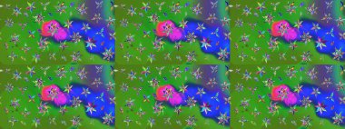 Raster illüstrasyonu. Yeşil ve mavi renklere karalamalar çizilmiş çiçek deseni.