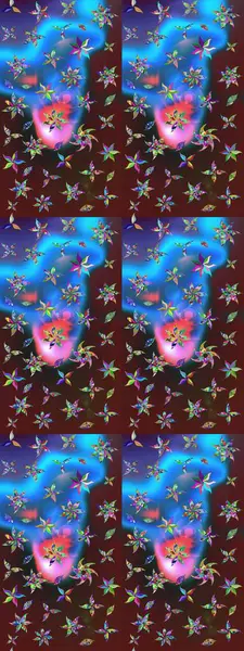 Raster illüstrasyonundaki çiçek desenli çizim. Mor ve mavi renkte çiçekler.