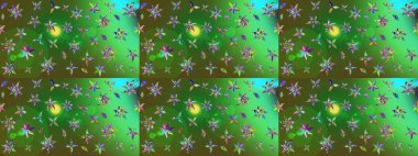 Suluboya elle çizilmiş çiçek desenli eskiz deseni. Parlak renkli fantezi çiçekleri, yapraklar, yeşil ve mavi renkli tomurcuklar yeşil ve mavi.