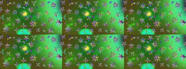 Yeşil ve mavi renkte çiçekler. Raster illüstrasyonu. Çiçek desenli çizim. Renkli Bahar Teması eskiz kalıbı. Asya tekstil tarzında. Düz Çiçek Elementleri Tasarımı.