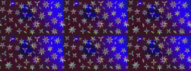 Şirin çiçekli eskiz deseni ve kahverengi ve mavi renkli yapraklar, suluboya çiçek deseni, duvar kağıdı, kart ya da kumaş için fayanslı. Raster illüstrasyonu.