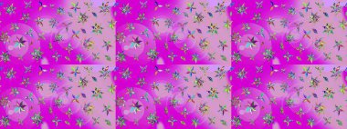 Çizim çiçek deseni duvar kâğıdı olarak kullanılabilir. Mor ve nötr renklerde çiçekler. Raster illüstrasyonu.