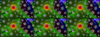 Yapraklı çiçekler ve yeşil ve siyah renkli papatya çiçekleri. Eskiz arkaplan modeli. Raster - stok.