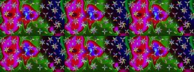 Raster illüstrasyonundaki çiçek desenli çizim. Suluboya tarzında yeşil ve kırmızı renkte çiçekler.