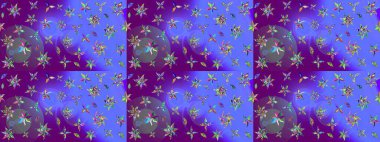 Raster suluboya çiçek deseni, narin çiçekler, menekşe ve mor çiçekler, tebrik kartı şablonu. Güzel kumaş deseni.