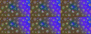 Varyete ve kahverengi raster çizimi. Birçok mor ve kahverengi soyut çiçekli tropik eskiz deseni. Küçük çiçekte sevimli çiçek deseni var..