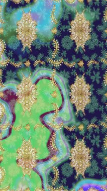 Tekrarlayan elementlerle soyut arkaplan oluşturun. Raster illüstrasyonu. Altın elementli yeşil renklerde altın eskiz deseni. Sketch damask klasik altın desen.