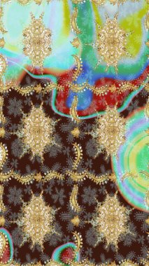 Altın şablon. Klasik çiçek dokusu. Kahverengi renkte Royal retro. Raster illüstrasyonu. Eskiz kalıbı altın elementler. Kart, duvar kağıdı, ambalaj, tekstil için klasik tasarım.