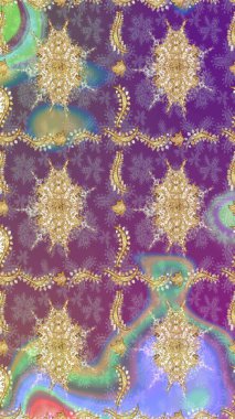 Kart, duvar kağıdı, ambalaj ve tekstil için klasik tasarım. Altın şablon. Klasik çiçek dokusu. Mor renkler üzerinde kraliyet retro. Eskiz kalıbı altın elementler. Raster illüstrasyonu.