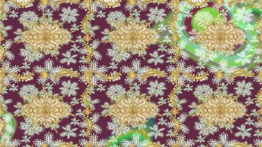 Damask arkaplanı. Barok tarzında altın çiçekli süs. Kahverengi renkte altın bir element. Altın çiçekli çizim şekli.