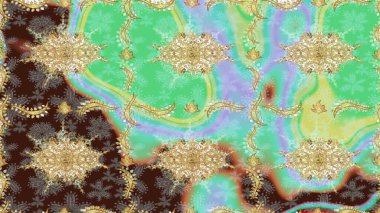 Altın elementlerle nötr renklerde altın desen. Barok tarzında duvar kâğıdı tasarımı için eskiz şablonu arka planı. Süslü raster dekorasyonu.