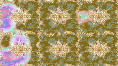 Raster altın desen. Doğu tarzı arabesk. Raster illüstrasyonu. Altın elementli kahverengi renkler. Altın desenli bukleler çiz.