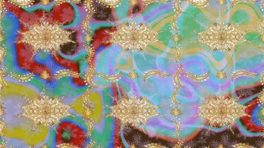 Süslü raster dekorasyonu. Lüks, kraliyet ve Viktorya dönemi konsepti. Mavi yerine altın rengi barok çiçekli eskiz deseni. Mavi renklerdeki altın element.