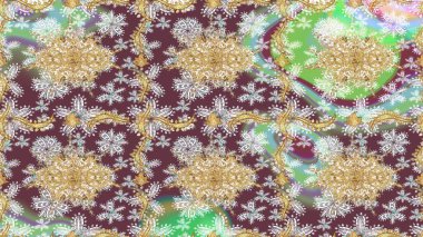 Kraliyet lüksü, altın barok kumaş rengi eskiz. Raster eskiz deseni altın antika çiçekli ortaçağ dekoratifi, yapraklar ve kahverengi renkli altın desenli süslemeler..