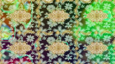 Klasik klasik klasik arka plan. Klasik Raster Golden eskiz kalıbı. Yeşil renkler ve altın elementler üzerine çizim. Geleneksel oryantasyon süsü.