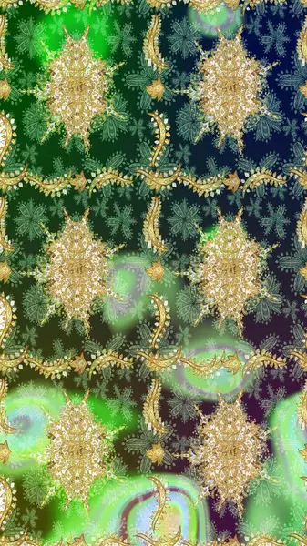 Hassas altın deseni açın. Raster sanatı. Yeşil renkler ve altın elementler üzerine çizim. Parlak dantel, stilize çiçekler, şal desenli. Doğu tarzı arabesk. Altın desenli bukleler çiz
