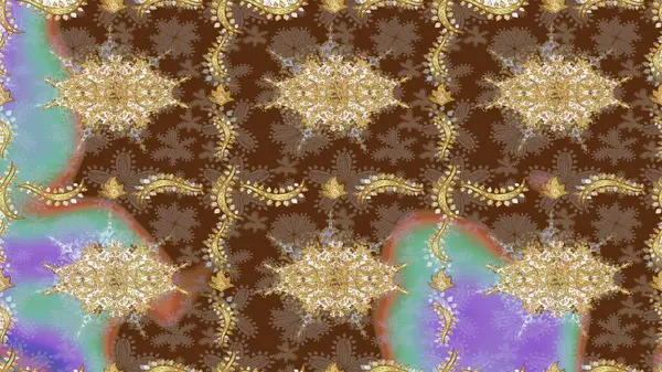 Raster Golden eskiz kalıbı. Çizim altın desenli bukleler. Kahverengi renkte çizim deseni. Doğu tarzında altın elementler arabesk.