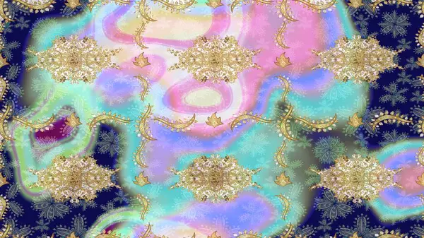 Raster oryantal süs. Altın şablonu çiz. Altın elementlerle nötr renklerde altın desen.