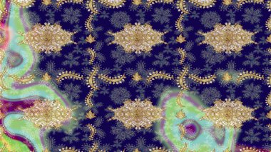 Süslü raster dekorasyonu. Altın elementlerle mavi renklerde altın desen. Barok biçiminde duvar kağıdı tasarımı için şablon çizimi arkaplanı.