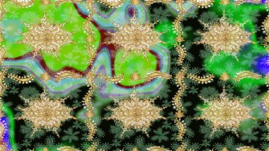 Barok tarzında eskiz oryantal süsü. Yeşil renkte altın elementler. Geleneksel klasik Raster altın çizim kalıbı.