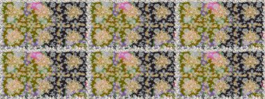 Altın çiçekli, pürüzsüz desen. Gri renklerdeki altın element. Damask arkaplanı. Barok tarzında altın çiçekli süs..